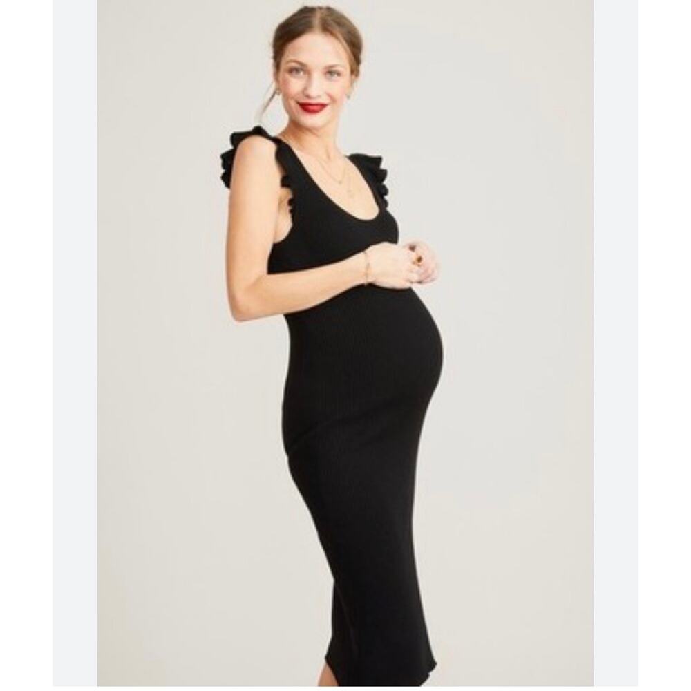 Hatch Maternity The Chloe Black Knit Rib Stretch Ruffle Sleeve Scoop Midi Dress